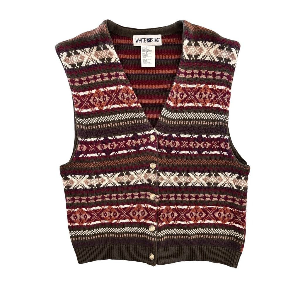 Vtg White Stag Fair Isle Sweater Vest Womens L Ramie Cotton Nordic Button Front